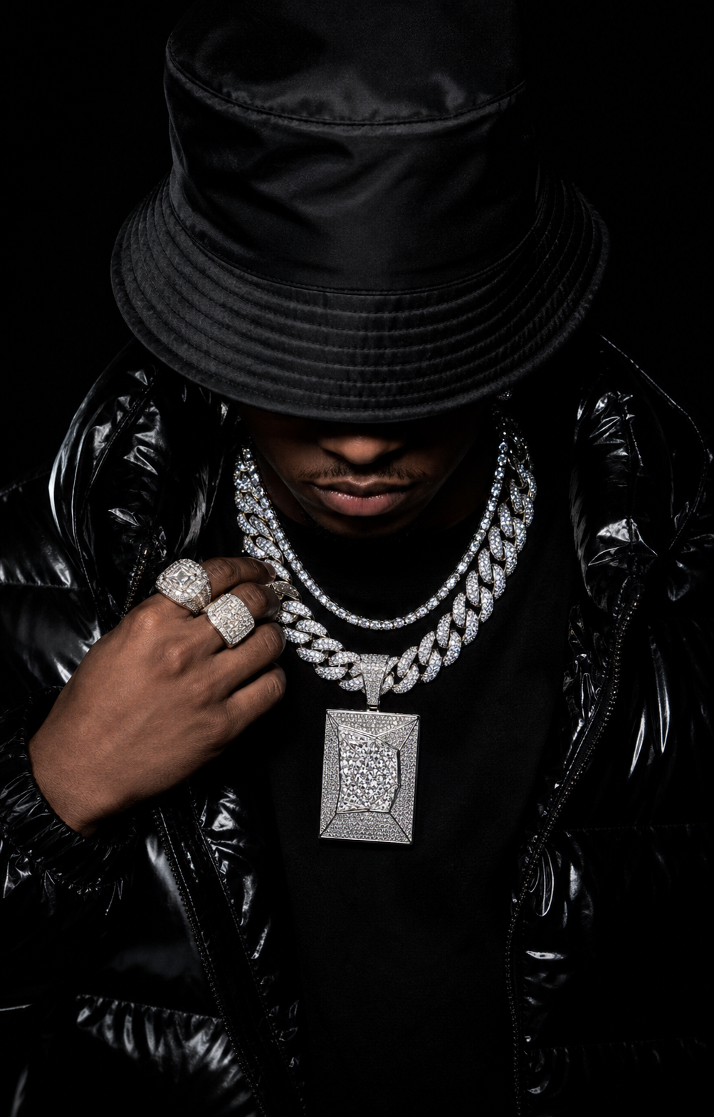Luxury hip-hop jewelry customer wearing iced VVS moissanite pendant